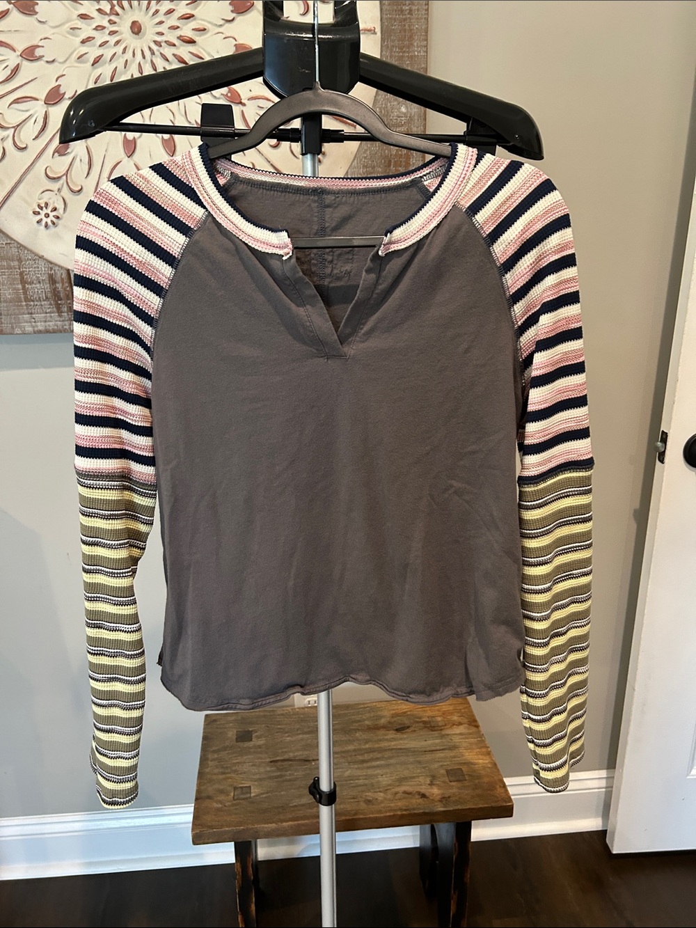 SHEIN Woman’s Gray Long Sleeve Top with Pink, Cream & Olive Stripes Size Small